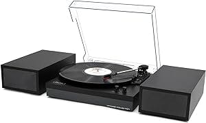 LP&No.1 Bluetooth Vinyl Record Player with External Speakers, 3-Speed Belt-Drive Turntable for Vinyl Albums with Auto Off and Bluetooth Input,Black Leather with Grey Speakers