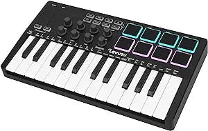 25 Key Bluetooth USB MIDI Keyboard Controller With 8 Backlit Drum Pads, Portable Rechargeable Dynamic Keybed 8 Knobs and Music Production, Smart Chord, Scale Modes, Software Included (Black)