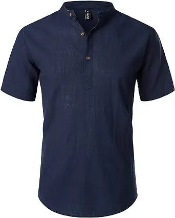 LucMatton Men's Casual Cotton Linen Short Sleeve Henley Shirt Summer Lightweight Banded Collar Beach Tops