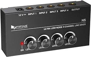 FIFINE Ultra Low-Noise 4-Channel Line Mixer for Sub-Mixing,4 Stereo Channel Mini Audio Mixer with AC adapter.Ideal for Small Club or Bar. As Microphones,Guitars,Bass,Keyboards or Stage Sub Mixer-N5