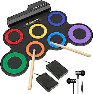 ROCKSOCKI Electronic Drum Sets, 7 Drum Practice Pad, Roll-up Drum Pad Machine With Drum Sticks Foot Pedals, Great Holiday Xmas Birthday Gift for Kids (Speaker Excluded)