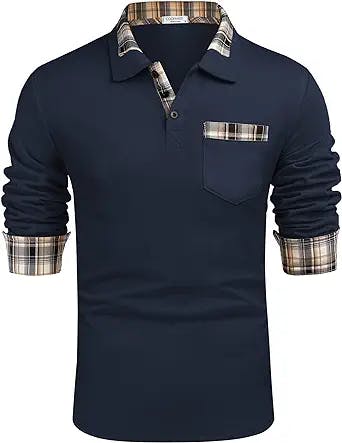 COOFANDY Men's Casual Long Sleeve Plaid Collar Polo Shirt with Pockets