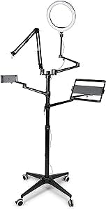 Gator Frameworks 5-in-1 Mobile Content Creator Streaming Stand with Tripod Base; Includes Smartphone, Tablet, Laptop Clamps, Ring Light, Microphone Boom Arm (GFW-STREAMSTAND-W)