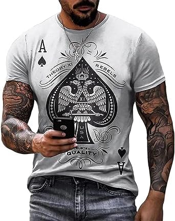 Mens Graphic Tees Casual Short Sleeve Crewneck Tshirt 3D Poker Pattern Vintage T Shirts Funny Casual Shirt