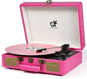 Vintage Bluetooth Suitcase Record Player with Built-in Speakers, 3 Speed Portable Turntable with USB Vinyl Audio Recorder RCA AUX-in & Headphone Jack (Pink, 2023 New Version)