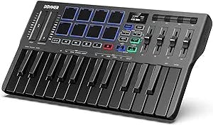 Donner USB MIDI Keyboard Controller, 25 Mini Key Portable MIDI with 8 Backlit Drum, OLED Screen Display, Personalized Touch Bar and Music Production Software Included, DMK25 Pro with 40 Free Courses