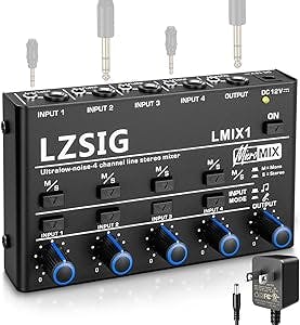 LZSIG Mini Audio Mixer,Stereo Line Mixer for Sub-Mixing,Ultra Low-Noise,4-Channel,Microphone Independent Control, 1/4" & 1/8" TRS Output and Input, for Guitars,Bass,Keyboards or Stage Mixer Extension