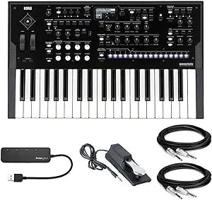 Korg Wavestate Wave Sequencing 37-Key Digital Synthesizer Bundle with Sustain Pedal, 1/4-Inch TRS Cables, and Knox Gear 4-Port USB 3.0 Hub (5 Items)