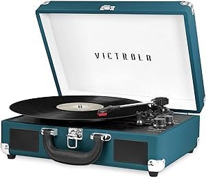 Victrola Vintage 3-Speed Bluetooth Portable Suitcase Record Player with Built-in Speakers | Upgraded Turntable Audio Sound | Blue Coral