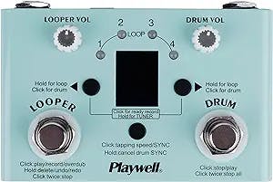 Playwell Drum Machine Looper with Tuner - 11 Minutes Looper 30 Drums - Link app to customize, edit and share drum codes - two kinds of power supply - Headphone Jack，digital display，LED indicator