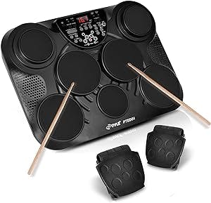 Pyle Portable Drums, Tabletop Drum Set, 7 Pad Digital Drum Kit, Touch Sensitivity, Wireless Electric Drums, Drum Machine, Electric Drum Pads, LED Display, Mac & PC - PTED01