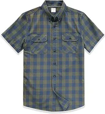 Dubinik® Mens Short Sleeve Button Down Shirts 100% Cotton Plaid Men's Casual Button-Down Shirts with Pocket
