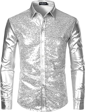 LucMatton Men's Shiny Metallic Long Sleeve Slim Fit Button Down Shirts for Club Rock Hip Hop Disco Party Cosplay