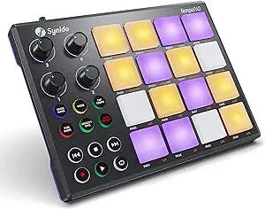 Synido MIDI Pad Beat Maker Machine with 16 RGB Beat Pads, USB Ultra-portable Mini MIDI Pad Controller with Backlit Drum Pad, 4 Assignable Knobs, for Beginner Music Production, TempoPAD, Black