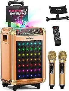 MASINGO Karaoke Machine for Adults & Kids with 2 Wireless Microphones - Portable Singing PA Speaker System w/Two Bluetooth Mics, Party Lights, Lyrics Display Holder & TV Cable - Soprano X1 Gold